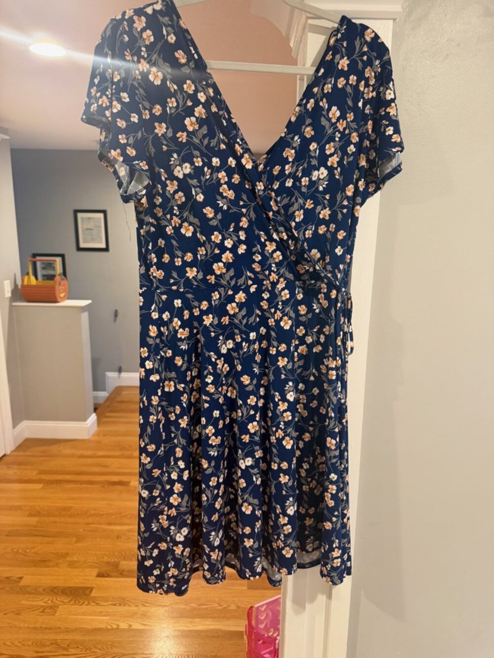 Kaileigh Navy Floral Short Sleeve Faux-Wrap Dress